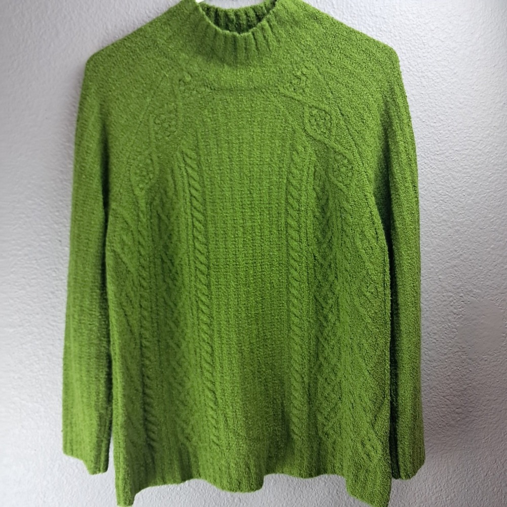 J. Jill Womens S Green Cable Knit Sweater Mock Neck Long Sleeve Cozy Pullover